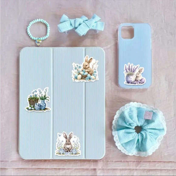 50 Springtime Blue Charming Bunny Sticker Set Easter Floral - Picture 4 of 4